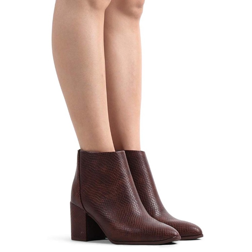 Brown Snake Leather Pointy Toe Ankle Booties